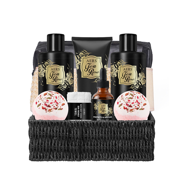 AERS Tea Rose bath gift set in black woven basket