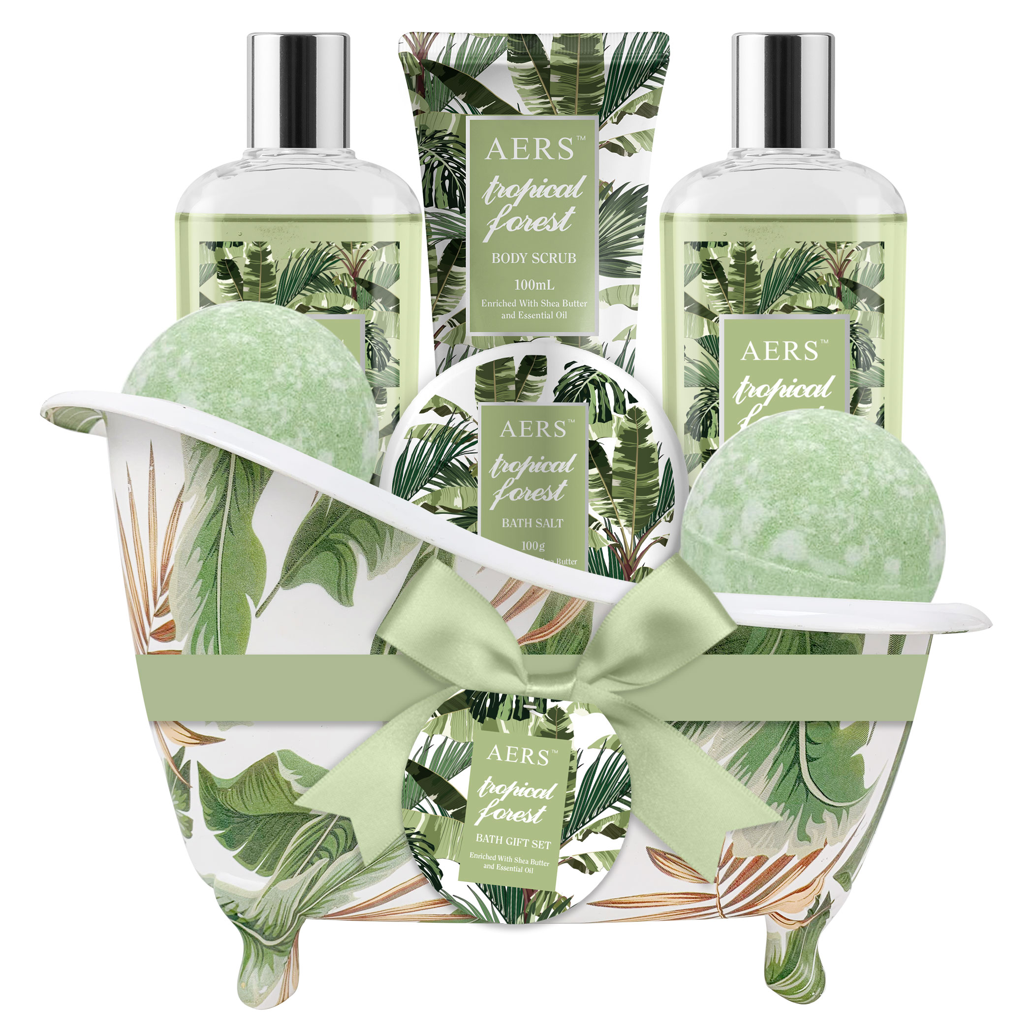 AERS Tropical Forest spa bath gift set in green basket
